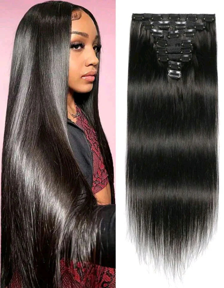 Black straight clip-in extensions
